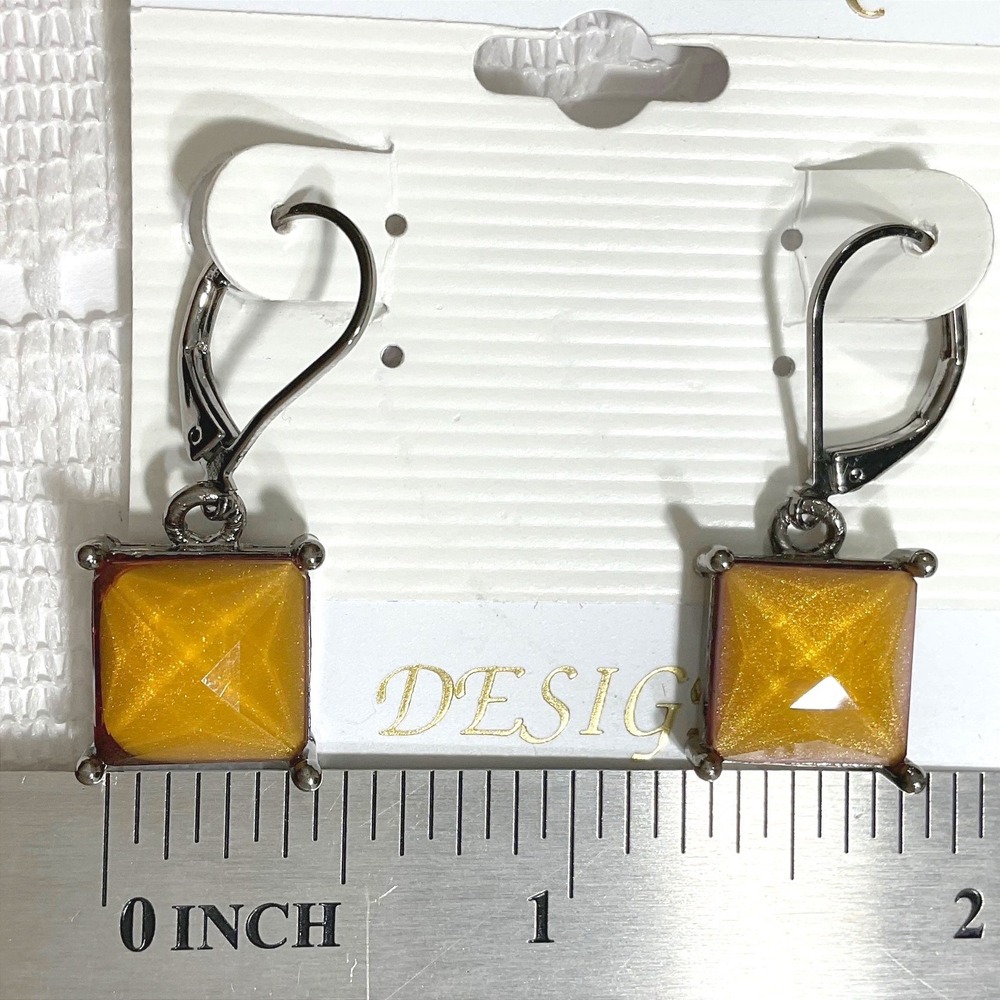 Lee Alan Designs Silver Tone Earrings Square Amber Dangle Lever Back Jewelry - Picture 4 of 6